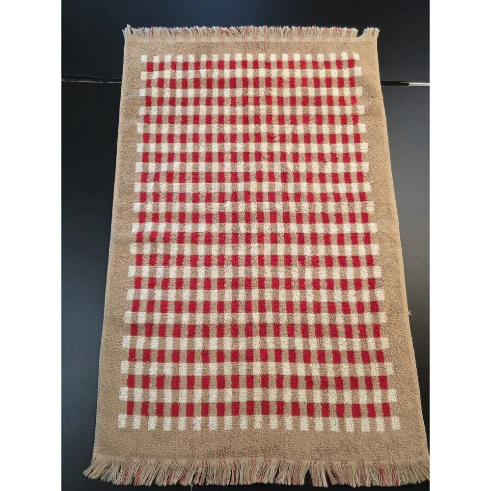 VTG 70s Sears Fiesta Hand Towel Red Beige Gingham Check Fringe Terry Cloth MCM